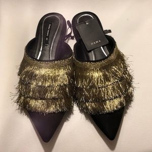 New Zara Flat Fringe Mules Black & Gold sz 7 / 37